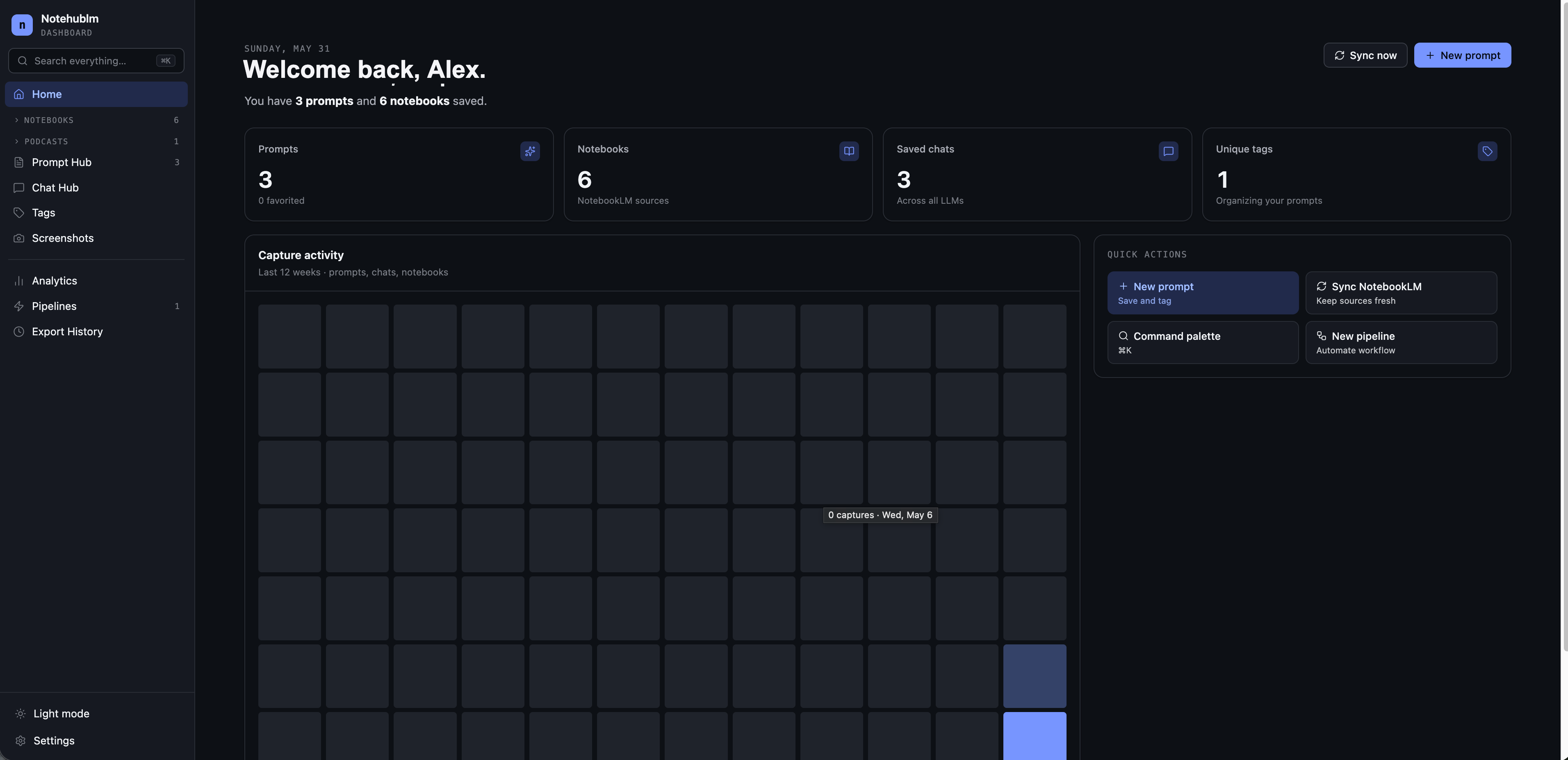 Notehublm dashboard — home